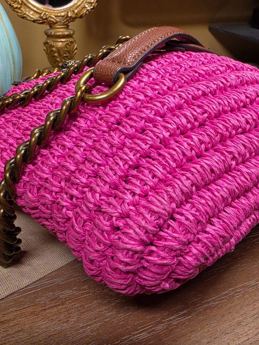 Kurt Geiger Hot Pink Brixton Raffia Chain-Handle Tote Shoulder Bag (Retail $285) - Picture 12 of 14